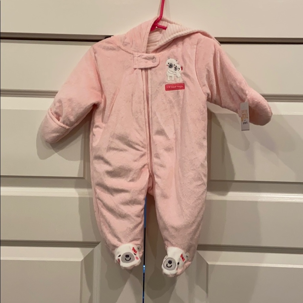 NWT - pink hooded fleece bear themed onesie